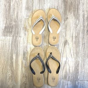 2 flip flops, one black and one white pair with rhinestones.size 5/6